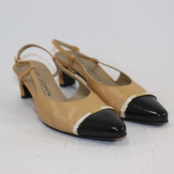St. John Slingback Heels 6.5 Beige Black Cap Toe Block Heel Designer Shoes - Picture 1 of 5